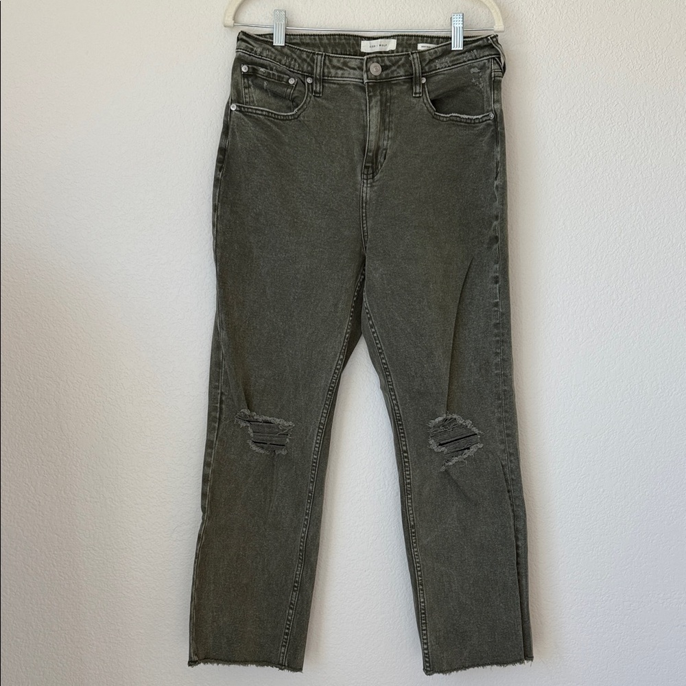 Cleo + Wolf High Rise Distressed Straight Jeans Washed Green 30x27